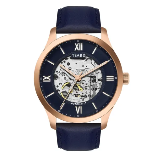 Image of TIMEX Automatic Watch for Man with Blue Round Dial & Blue Leather Strap Band Water Resistant Men's Wrist Watches