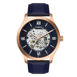 TIMEX Automatic Watch for Man with Blue Round Dial & Blue Leather Strap Band Water Resistant Mens Wrist Watches
