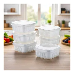 TinyStore 6 Pcs. Small Fridge Storage Containers 600ml with Drain Basket BPA Free Plastic Refrigerator Organizer Boxes for Fruits Vegetables Salad Snacks Freezer Safe Stackable Kitchen Bins