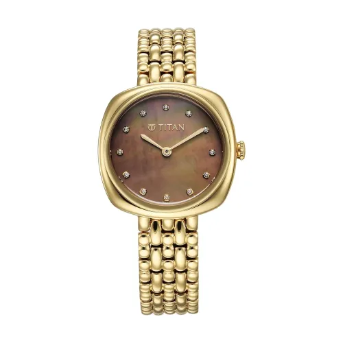 Image of Titan Aura Phase Quartz Analog Brown Dial Golden Stainless Steel Strap Watch for Women-95241YM01
