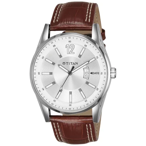 Image of Titan Men Leather Analog White Dial Watch - Ne9322Sl03A, Band Color-Brown