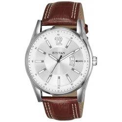 Titan Men Leather Analog White Dial Watch - Ne9322Sl03A, Band Color-Brown