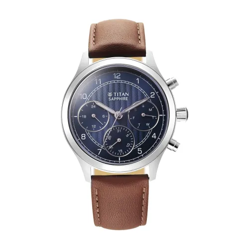 Image of Titan Sapphire Quartz Multifunction Blue Dial Brown Leather Strap Watch for Men