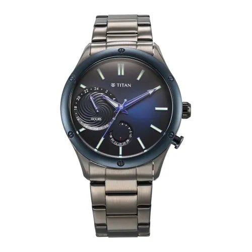Image of Titan Stellar Quartz Multifunction Blue Dial Anthracite Stainless Steel Strap Watch for Men - NT10009KM01