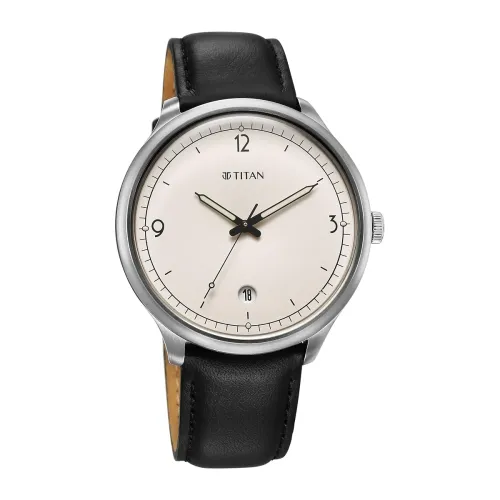 Image of Titan Timeless Treasures Quartz Analog with Date White Dial Black Leather Strap