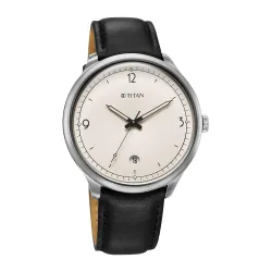 Titan Timeless Treasures Quartz Analog with Date White Dial Black Leather Strap