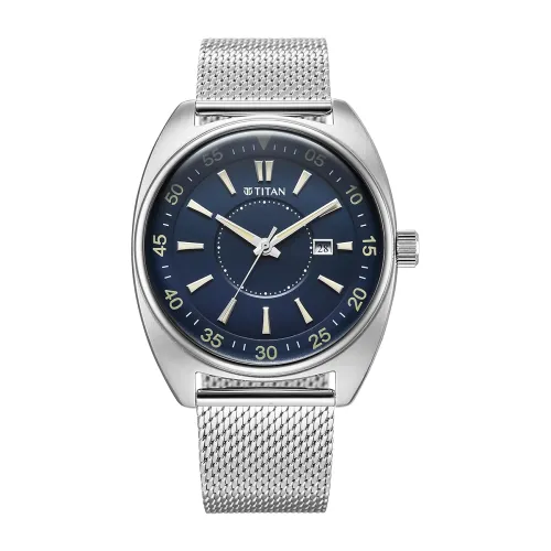 Image of Titan Tonneau Analog with Date and Blue Dial Mesh Stainless Steel Strap Watch for Men - 90211SM01