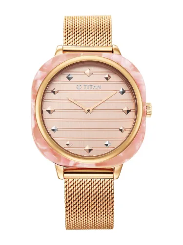 Image of Titan Women Rose Gold-Toned Brass Dial & Gold Toned Bracelet Style Straps
