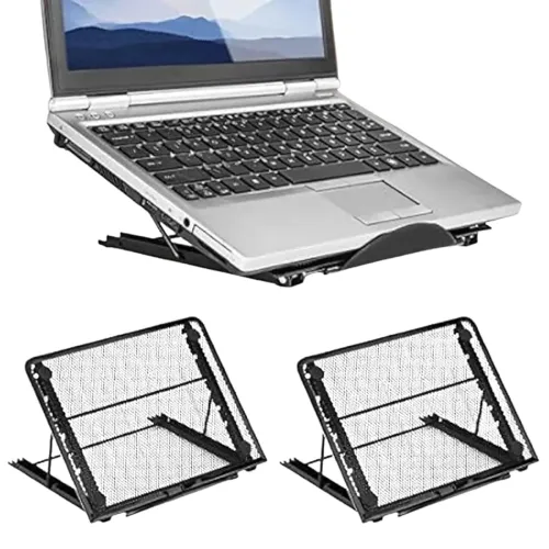 Image of Tithu Mart Metal Mesh Adjustable Laptop Stand, Ventilated Stainless Steel Laptop Holder, Ergonomic Height Adjustable Des