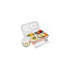 Tokyo Buffet Lunch Box- High Steel 4 Compartment Rectangle Lunch Box with Spoon Steel Container for Office-College-School