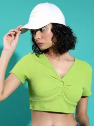 Tokyo Talkies Casual Ruffled Sleeves Solid Women Light Green Top