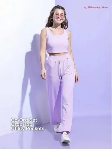 Image of Tokyo Talkies Lavender Round Neck Sleeveless Crop Top With Trousers