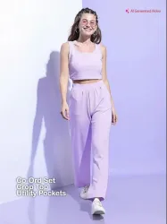 Tokyo Talkies Lavender Round Neck Sleeveless Crop Top With Trousers