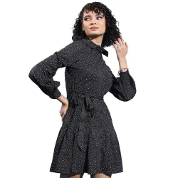 Tokyo Talkies Black & White Polka Dot Printed Cuffed Sleeves Shirt Dress