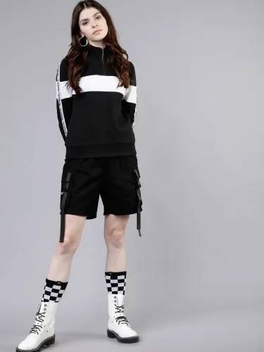 Image of Tokyo Talkies Women Black & White Colourblocked Pullover Sweatshirt