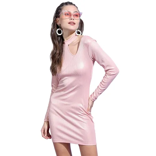 Image of Tokyo Talkies Women Pink Asymmetric Cutout Shoulder Mini Dress