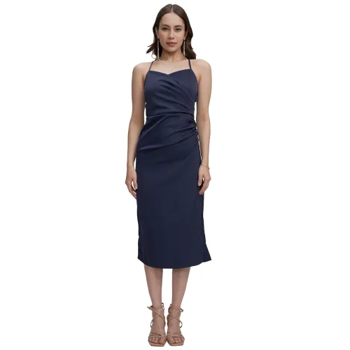 Image of Tokyo Talkies Women's Elegant Ruched Strappy Sheath Midi Dress with High Slit A Chic Statement for Evenings & Special Oc