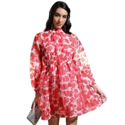 Tokyo Talkies Womens High Neck Printed Long Sleeve Dress