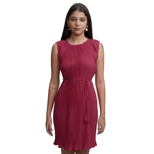 Image of Tokyo Talkies Womens Chic Pleated Sleeve A-Line Short Dress | Flowy Silhouette with Adjustable String Belt |