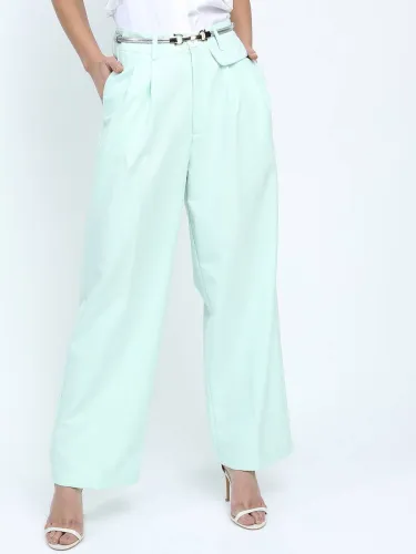 Image of Tokyo Talkies  Women Regular Fit Green Cotton Blend Trousers