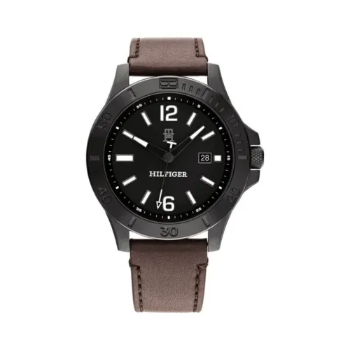 Image of Tommy Hilfiger Black Dial Brown Colour Leather Strap Analog Watch