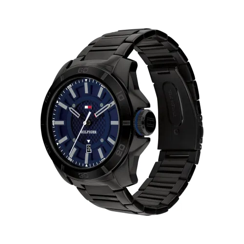 Image of Tommy Hilfiger Men's Black Stainless Steel & Stainless Steel Blue Dial Analog Watch
