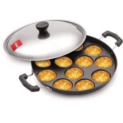Tosaa Aluminium 12 Cavity Appam Patra Paniyarakkal Two Side Handle with Steel lid & Wooden Picker, ( 23 cm, Black)