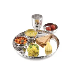 TOSAA Stainless Steel Dinner Set Deluxe Classic Shape- 5 PCS Set Stainless Steel Dinner Set |Includes Plate, Curry Bowls, Side Plate, Glass & Spoon | Silver