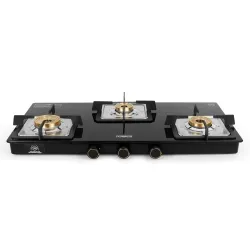 Tower Gas Stove 3 Burner 8mm Toughened Glass Brass Valves Lpg Black