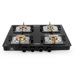 Tower Gas Stove 4 Burner Glass Brass Valves Lpg Black