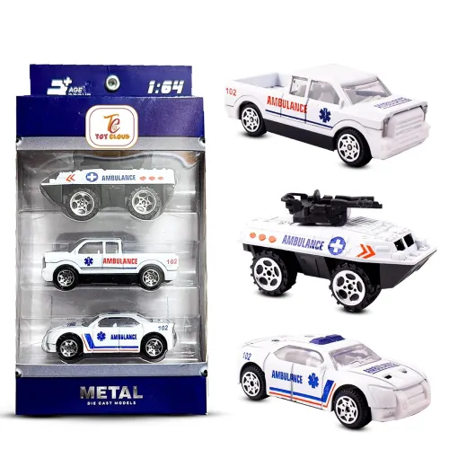 Image of Toy Cloud Free Wheel Die-Cast Metal Ambulance Vehicle Set of 3