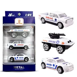 Toy Cloud Free Wheel Die-Cast Metal Ambulance Vehicle Set of 3, 1:64 Scale Model Vehicles Toys (Armored Truck, Pick-Up Truck, and Sports Car)