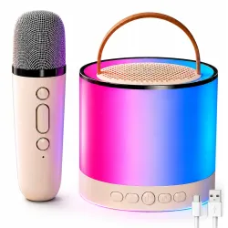 Toy Imagine Round Rechargeable Karaoke Mic with Speaker for Singing Wireless Mini Portable Bluetooth Speaker with Microphone & LED Lights Musical Toy for Boys,Girls & Adults,Birthday Gift fo...