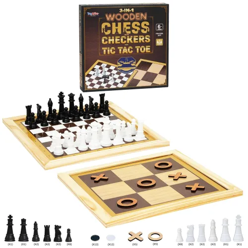 Image of Toyaffair Wooden Board Game Set – Checkers, Chess, and Tic Tac Toe -Multi Game Board for Kids and Adults, Portable Famil