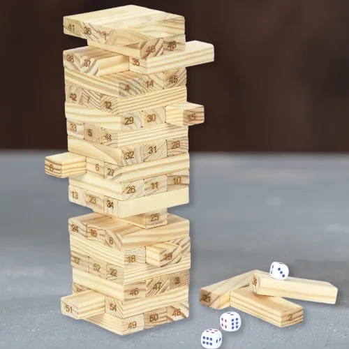 Image of ToyMagic Wooden Numbered Tumbling Tower Game | 51 Pcs 4 Dice Building Blocks Stacking & Balancing Tower Puzzle Game for 