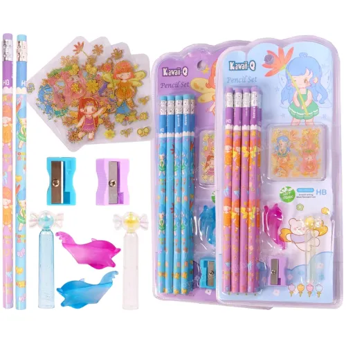 Image of Toyshine Pack of 46 Flower Fairy Pencil Stationary Set - 16 Pencils, 2 Sharpener, 2 Pencil Grip, 24 Stickers, 2 Pencil C