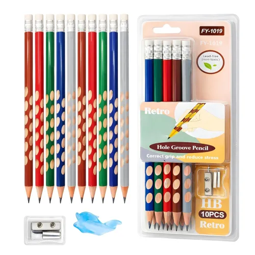 Image of Toyshine HB Pencil Set with Erasers on Top | Pack of 10 Round Hole Groove Grip Pencils with Sharpener & Pencil Cap | Com