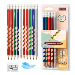 Toyshine HB Pencil Set with Erasers on Top | Pack of 10 Round Hole Groove Grip Pencils with Sharpener & Pencil Cap | Com