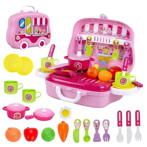 Image of Toyshine Kids Kitchen Play Set in Carry Case | Pretend Cooking Toy with Pots | Fruits | Utensils & Stove | Portable Suit