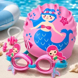 Toyshine Kids Swim Goggles and Swim Hat Child Shark Cute Swimming Kit Cartoon Blue Silicone Waterproof Hat Anti Fog Swim Glasses for Child Boys Girls Age 3-12- Mermaid