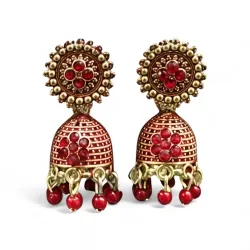 Traditional Jhumka Earrings, Bell-Shaped Design with Red Stone Embellishments and Beaded Danglers