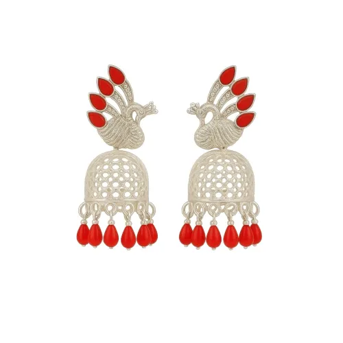Image of Traditional Silver Jhumka Earrings with Red Enamel