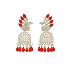 Traditional Silver Jhumka Earrings with Red Enamel