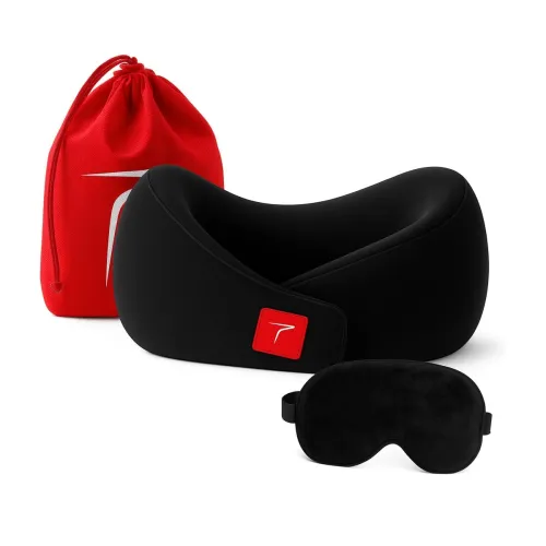 Image of Trajectory Travel Neck Pillow Memory Foam with Eye Mask and Carry Bag 3in1 Combo for Sleeping in Airplane Flight, Cab, C