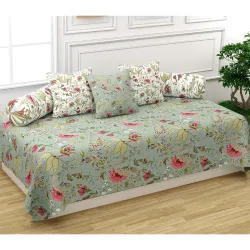 Trance Home Linen 200TC Diwan Set 100% Cotton 6 Pc | Deewan Printed Bedsheet Sets (Set of 6 Pc, 1-Bed Sheet 54x88 Inch | 2-Bolster Cover 16x32 Inch | 3-Cushion Cover 16x16 Inch) - Calicut Gr...