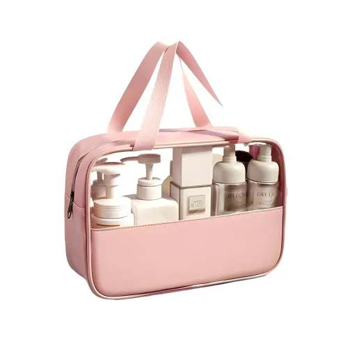 Image of Transparent Cosmetic Bag | Pack of 1 | PU Leather & Clear PVC with Durable Zipper | Stylish & Easy to Clean | Travel Toi