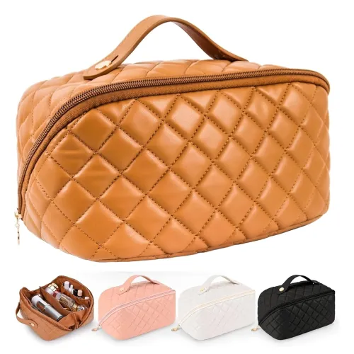 Image of Travel Cosmetic Bag Women's Makeup Large Capacity Portable PU Leather Multifunctional Storage Organizer Bag (2. Brown)