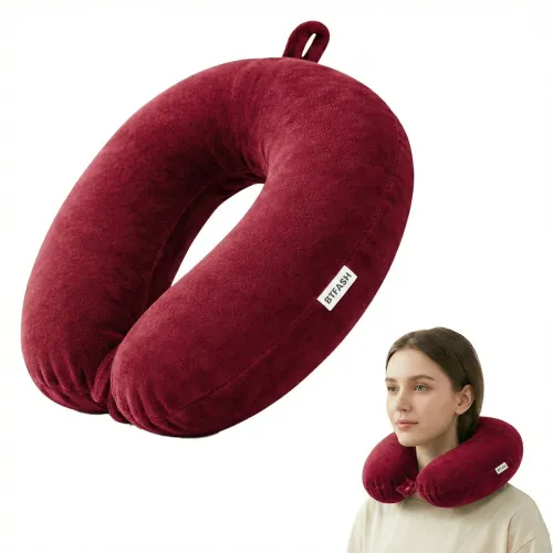 Image of Travel Neck Pillow for Men & Women | Soft Fibre Cushion for Flight, Car & Train | Soft Velvet Fabric with Attachable Sna