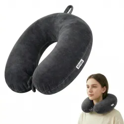 Travel Neck Pillow for Men & Women | Soft Fibre Cushion for Flight, Car & Train | Soft Velvet Fabric with Attachable Snap Strap | Cervical Support for Neck Pain Relief. Pack of 1 (Grey)