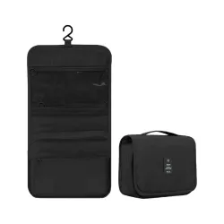 Travel Toiletry Bag with Hanging Hook, Waterproof Cosmetic Organizer Pouch, Foldable Makeup Storage Case with Mesh & Transparent Compartments, Portable Travel Accessories Bag (Black_Black)